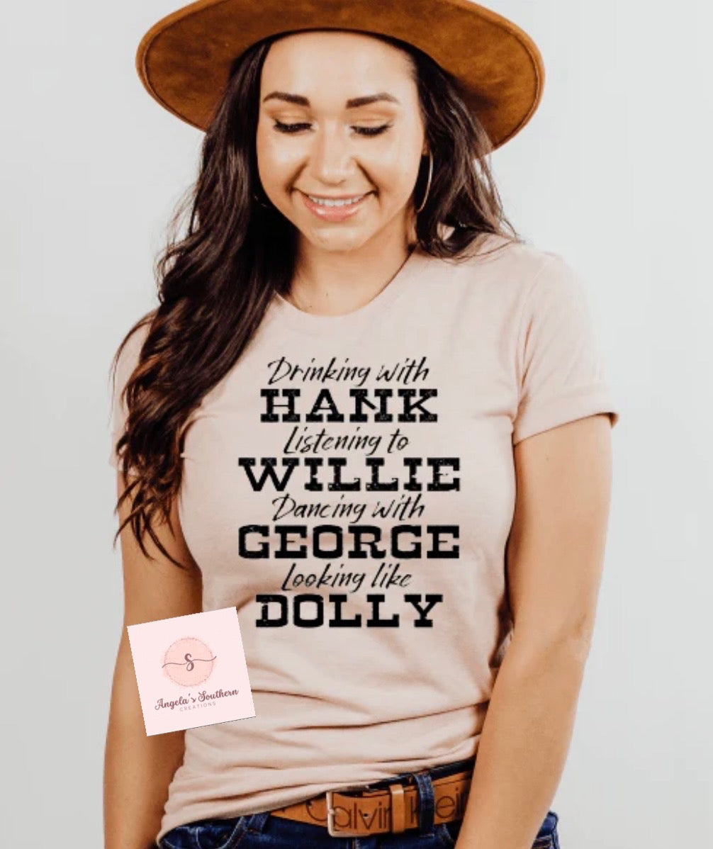Drinking with Hank listening to Willie Dancing with George looking like Dolly