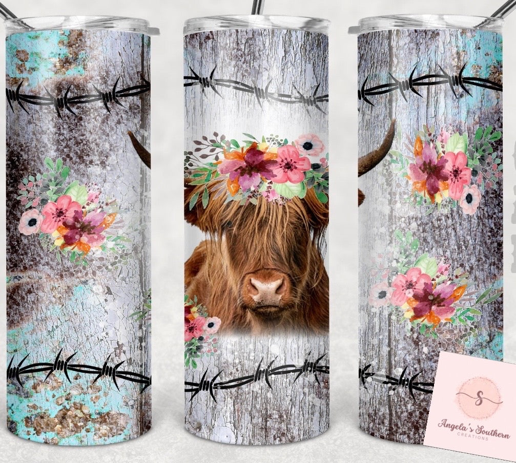 Highland Cow w/Flowers